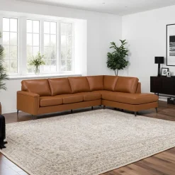 Genuine Leather Sectional with Right-Side Chaise - Cognac
