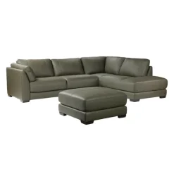 Genuine Leather Sectional with Right-Side Extra Seat and Matching Ottoman