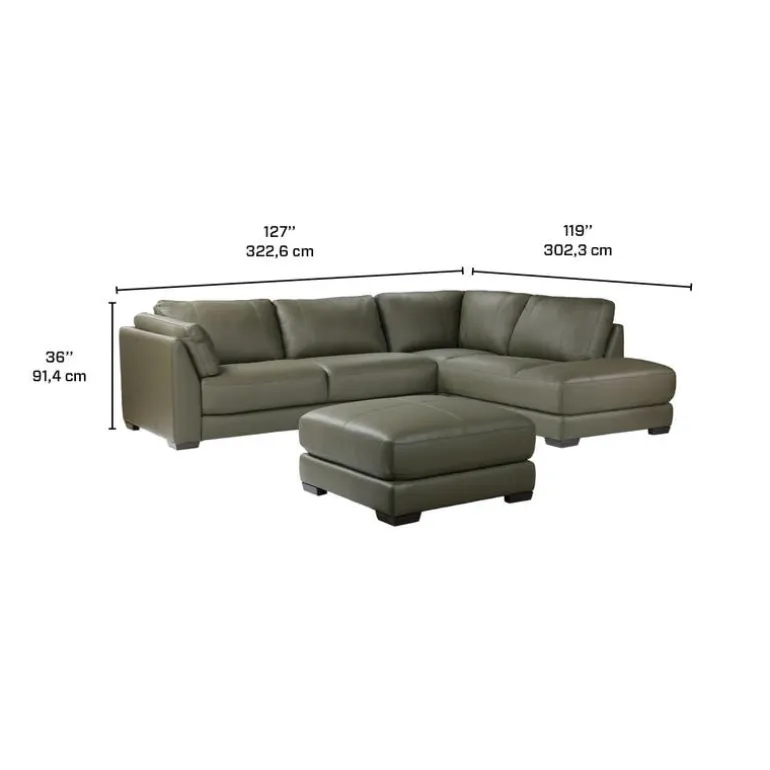 Genuine Leather Sectional with Right-Side Extra Seat and Matching Ottoman