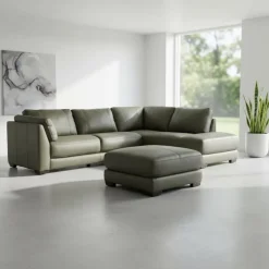 Genuine Leather Sectional with Right-Side Extra Seat and Matching Ottoman
