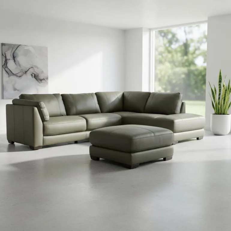 Genuine Leather Sectional with Right-Side Extra Seat and Matching Ottoman