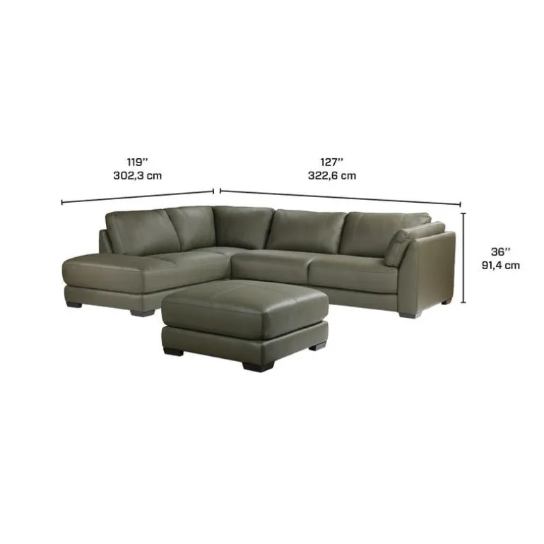 Genuine Leather Sectional with Left-Side Extra Seat and Matching Ottoman