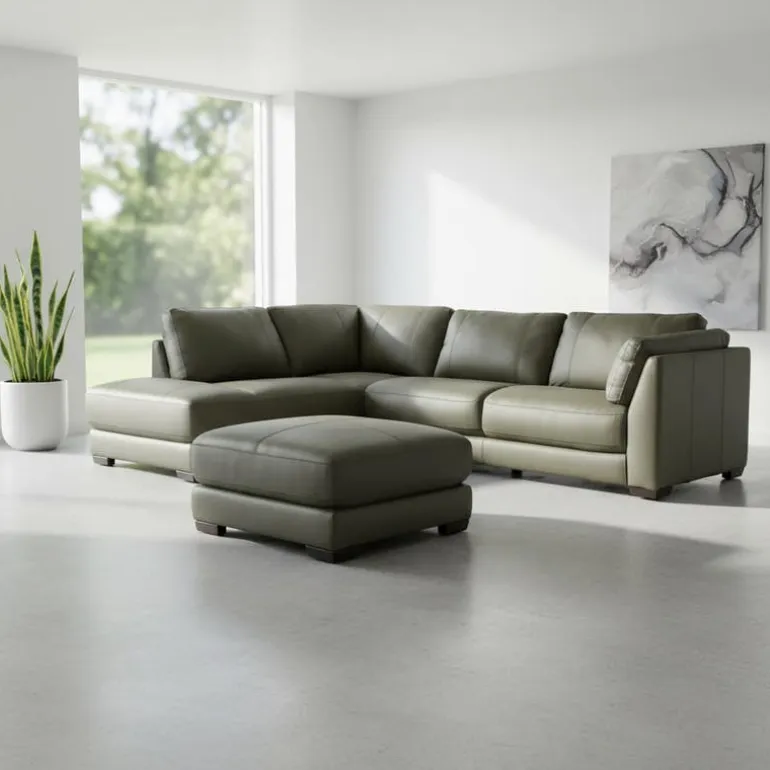 Genuine Leather Sectional with Left-Side Extra Seat and Matching Ottoman