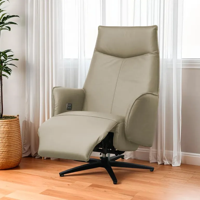 Genuine Leather Swivel Power Recliner - Taupe