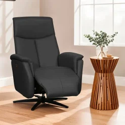 Genuine Leather Swivel Power Recliner - Dark Grey