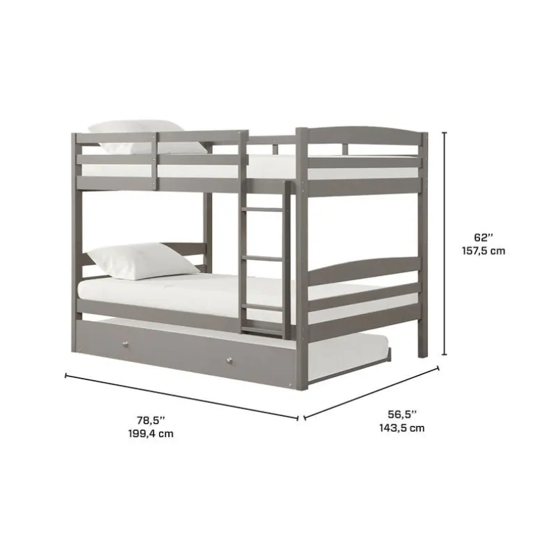 Grey Bunk Bed with Trundle Bed - 54"/54"