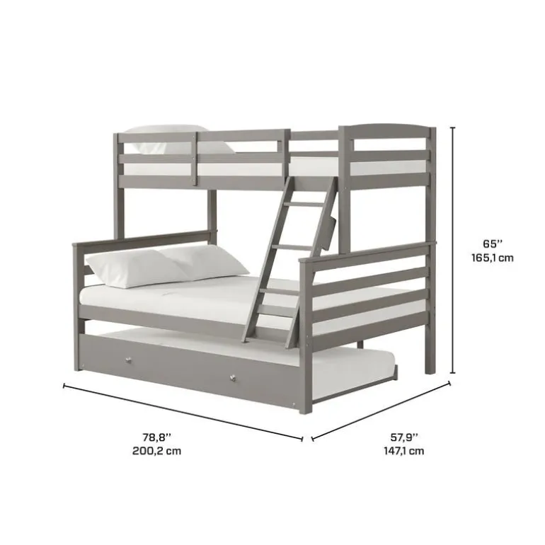 Grey Bunk Bed with Trundle Bed - 39"/54"