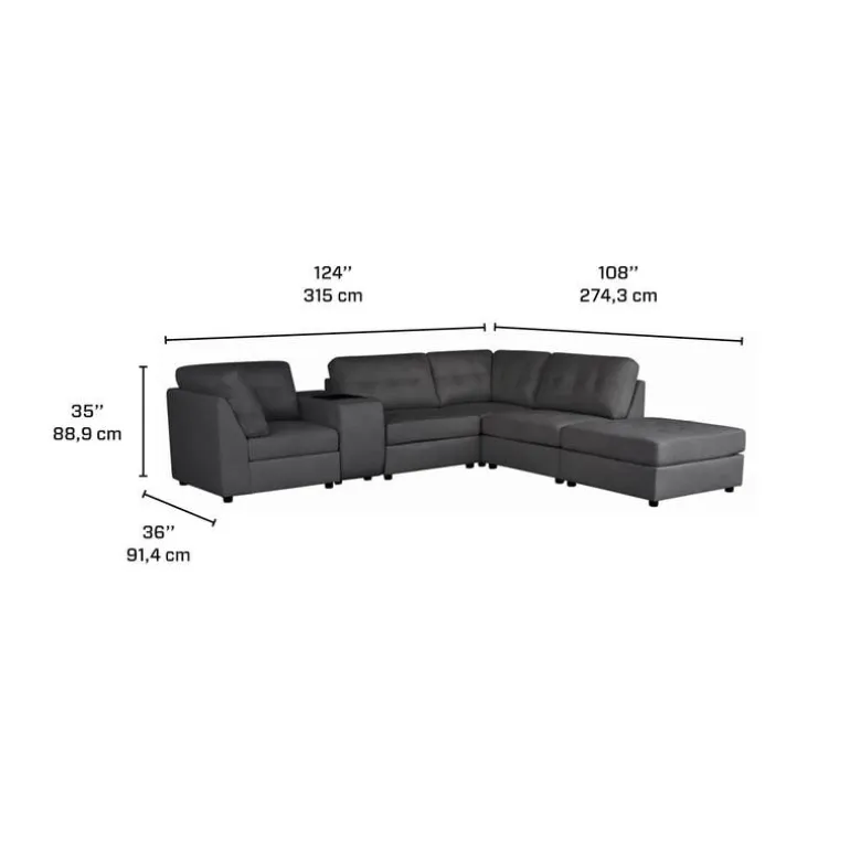 Grey Modular Sectional with Console and Ottoman - 6 pcs