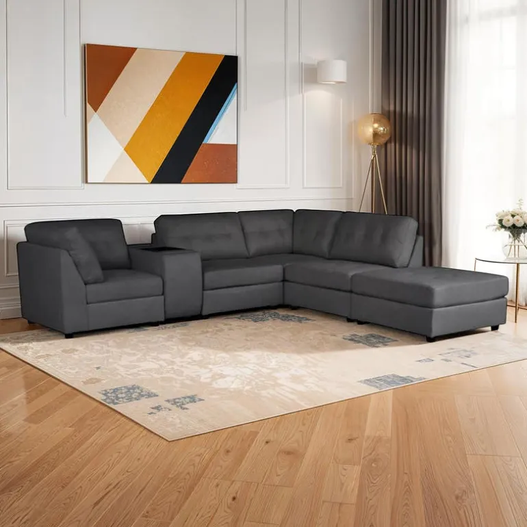 Grey Modular Sectional with Console and Ottoman - 6 pcs