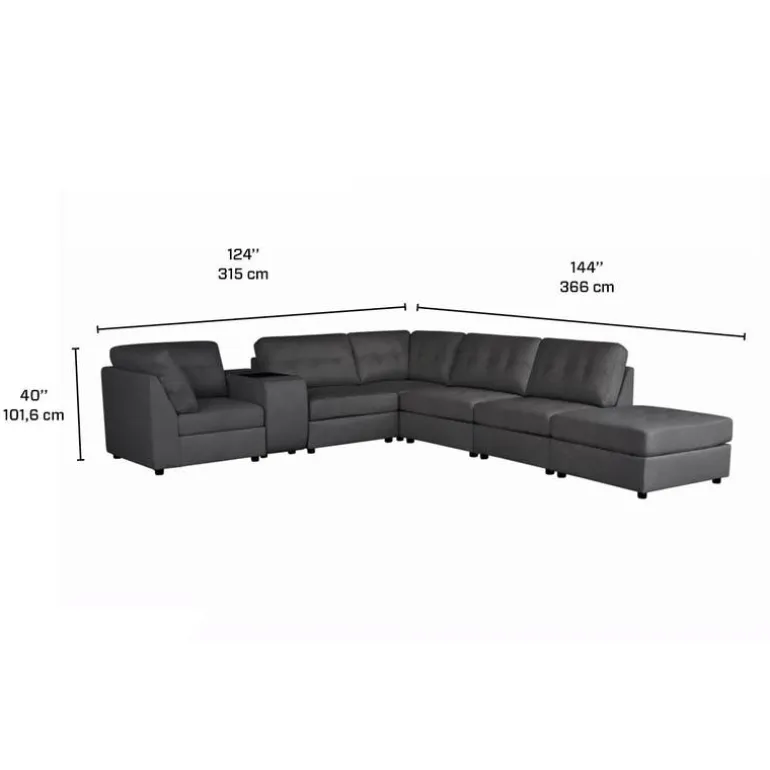 Grey Modular Sectional with Console and Ottoman - 7 pcs
