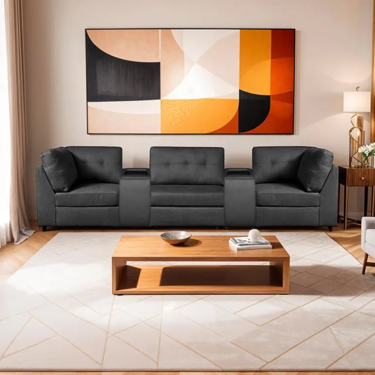 Grey Modular Sofa with 2 Consoles - 5 pcs