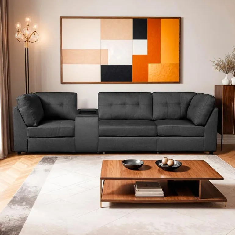 Grey Modular Sofa with Console - 4 pcs