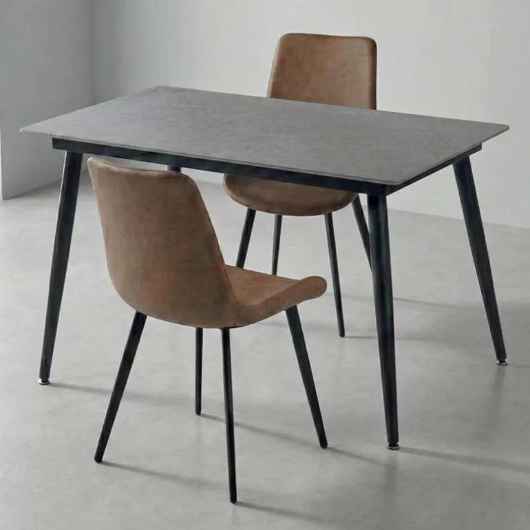 Grey Sintered Stone Dining Set with 2 Cognac Chairs - 48"