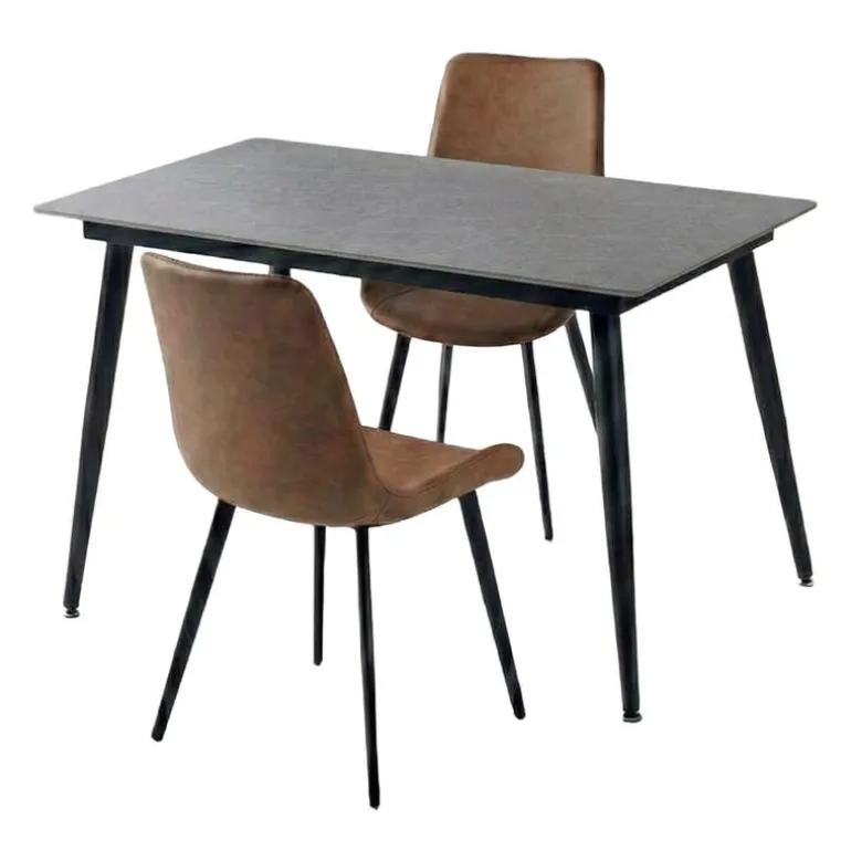 Grey Sintered Stone Dining Set with 2 Cognac Chairs - 48"