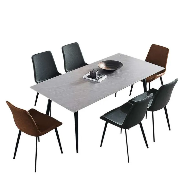 Grey Sintered Stone Dining Set with 4 Grey Chairs and 2 Cognac Chairs - 59"