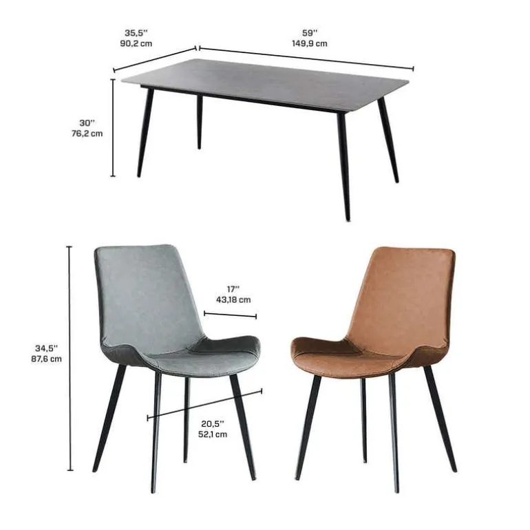 Grey Sintered Stone Dining Set with 4 Grey Chairs and 2 Cognac Chairs - 59"