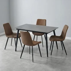 Grey Sintered Stone Dining Set with 4 Cognac Chairs - 48"