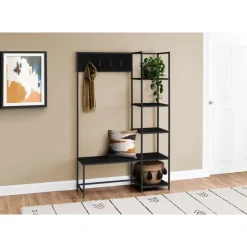 Hall tree / bench - 8 hooks / 5 shelves - 72"h - black / black metal