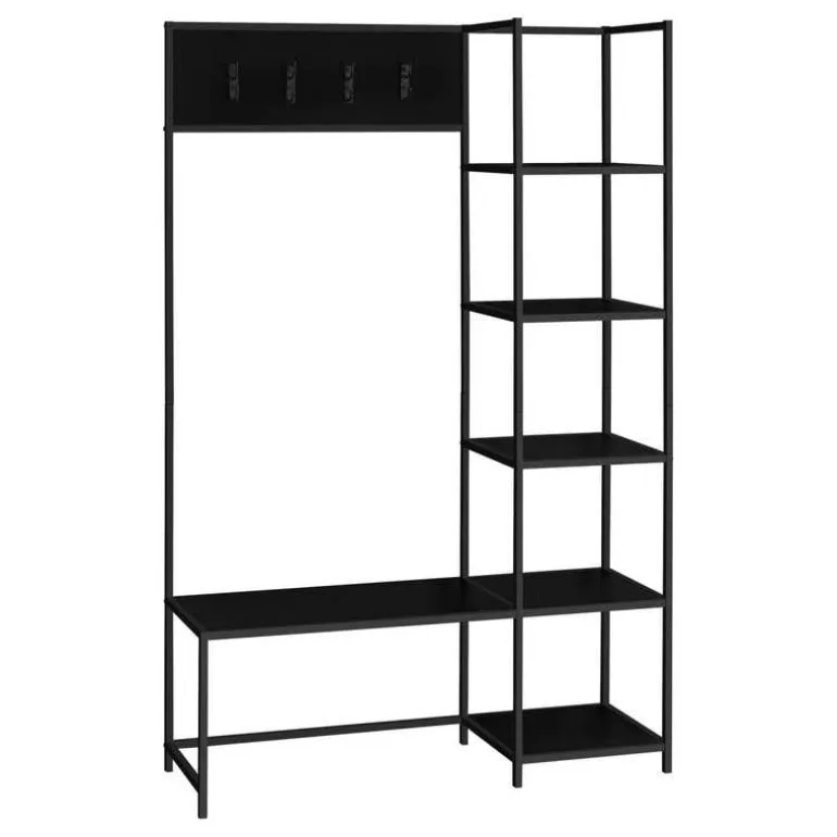 Hall tree / bench - 8 hooks / 5 shelves - 72"h - black / black metal