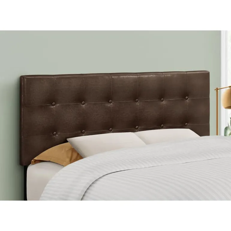 Headboard - full size - button tufted / upholstered panel - dark brown leathe - Monarch