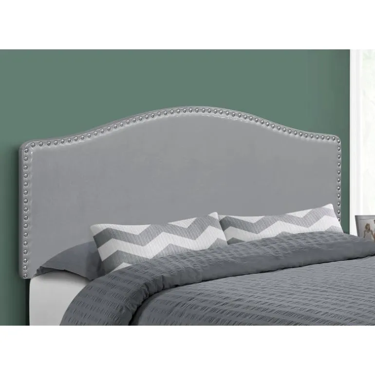 Headboard - queen size - nailhead trim / arched top / upholstered panel - gre - Monarch