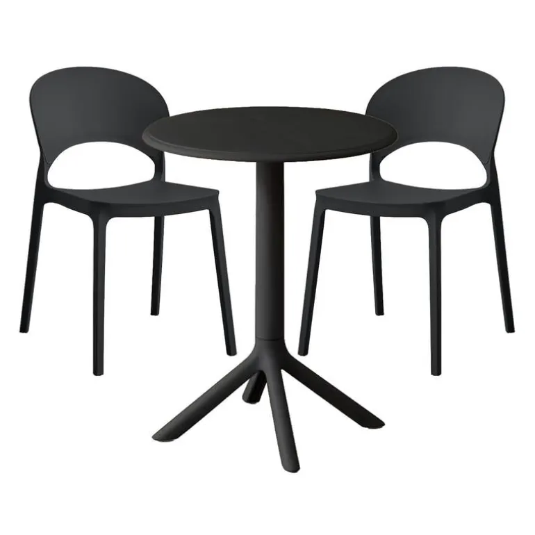 Indoor/Outdoor Resin Dining Set with Round Table and 2 Stackable Chairs – Black