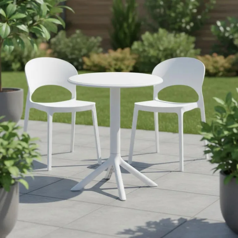 Indoor/Outdoor Resin Dining Set with Round Table and 2 Stackable Chairs – White