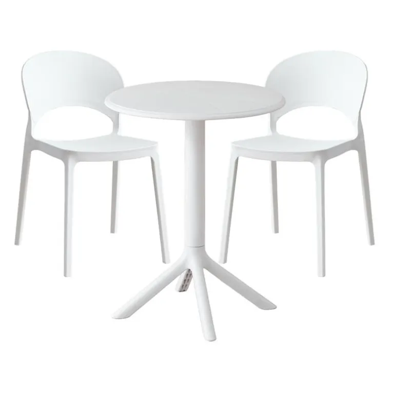 Indoor/Outdoor Resin Dining Set with Round Table and 2 Stackable Chairs – White
