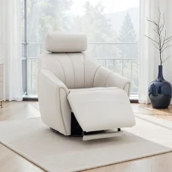 Leather Power Swivel Recliner with Built-In Audio System - Beige