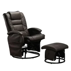Leather Reclining Ball-Bearing Swivel Glider with Ottoman - Brown