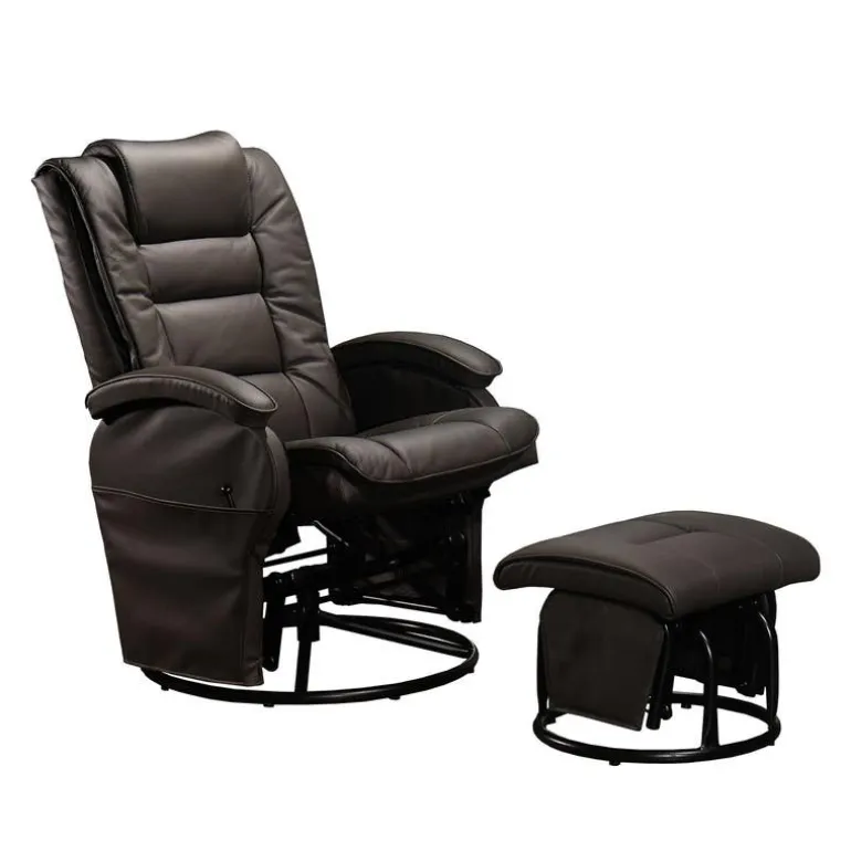 Leather Reclining Ball-Bearing Swivel Glider with Ottoman - Brown