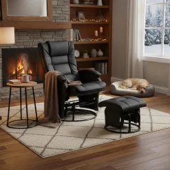Leather Reclining Ball-Bearing Swivel Glider with Ottoman - Black