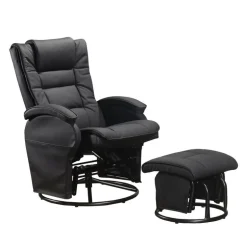 Leather Reclining Ball-Bearing Swivel Glider with Ottoman - Black