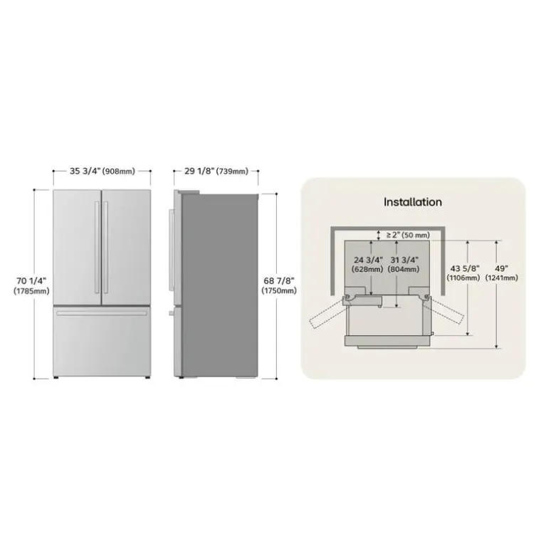 LG STUDIO 26.5 Cu Ft 36 In Refrigerator Stainless Steel Bottom Freezer, French door - SRFB27S3