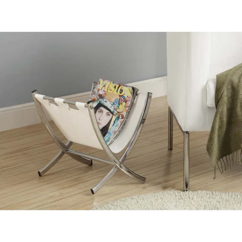 Magazine rack - white leather-look / chrome metal - Monarch