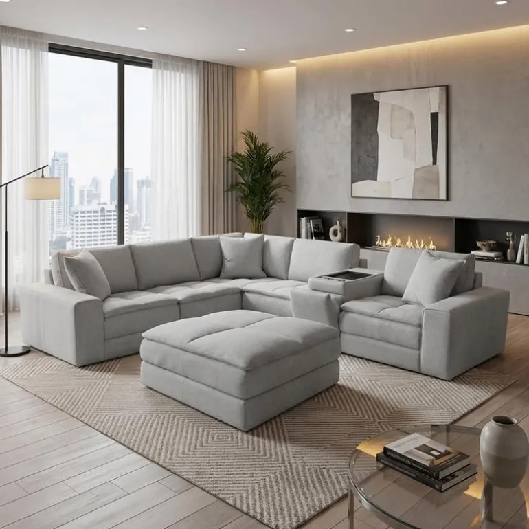 Modular Sectional, Console with Integrated Sound System and Ottoman – 6 pcs