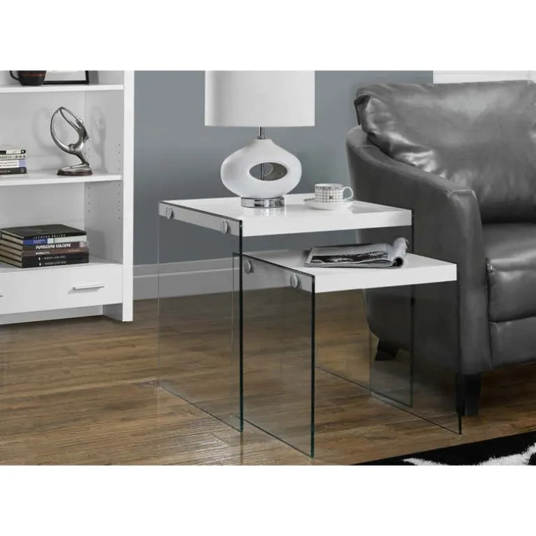 Nesting table - 2pcs set / glossy white / tempered glass - Monarch