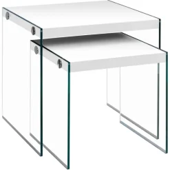 Nesting table - 2pcs set / glossy white / tempered glass - Monarch