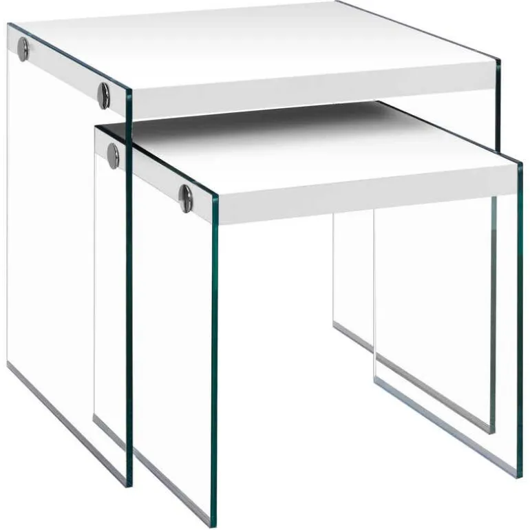 Nesting table - 2pcs set / glossy white / tempered glass - Monarch