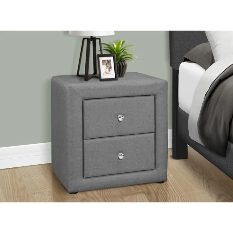 Nightstand - upholstered / 2 storage drawers - 21"h - grey linen-look - Monarch