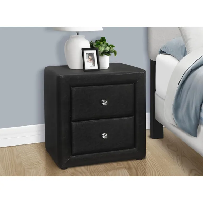 Nightstand - upholstered / 2 storage drawers - 21"h - black leather-look - Monarch