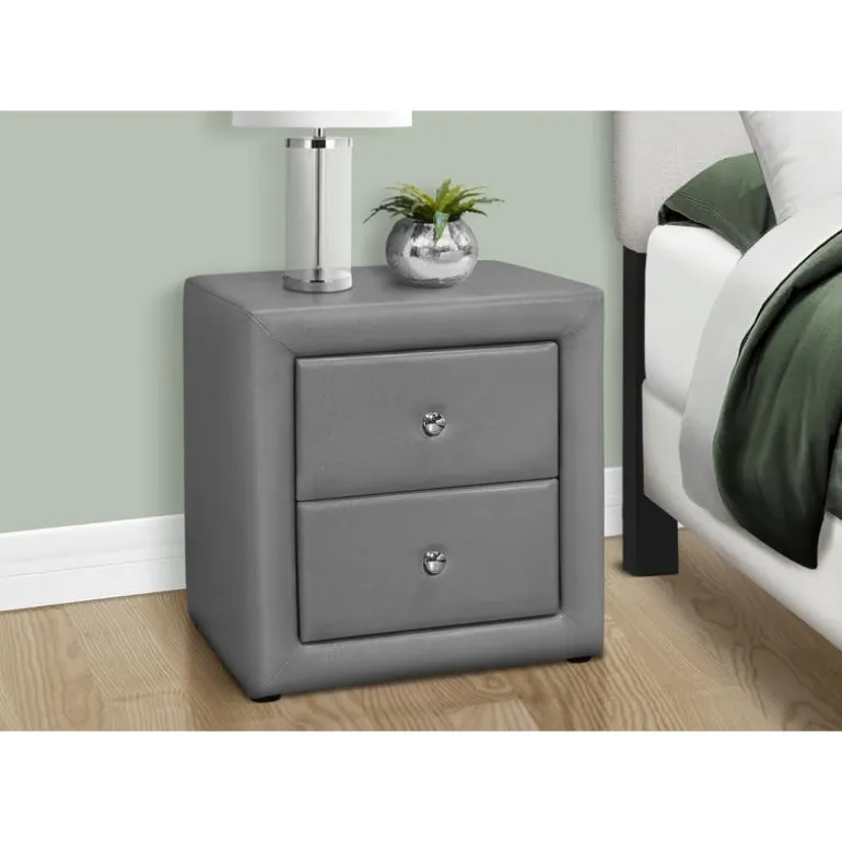 Nightstand - upholstered / 2 storage drawers - 21"h - grey leather-look - Monarch