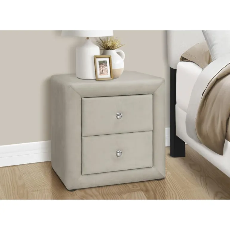 Nightstand - upholstered / 2 storage drawers - 21"h - light grey velvet - Monarch