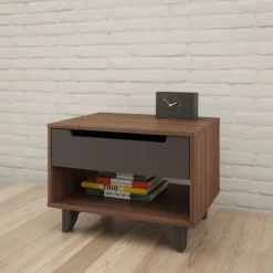 Nightstand, 1-Drawer, Walnut & Charcoal - Nexera