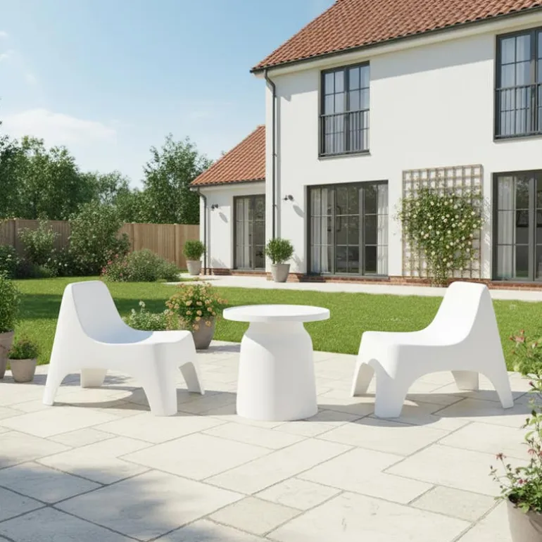Outdoor Resin Conversation Set with 1 Accent Table and 2 Stackable Seats - White