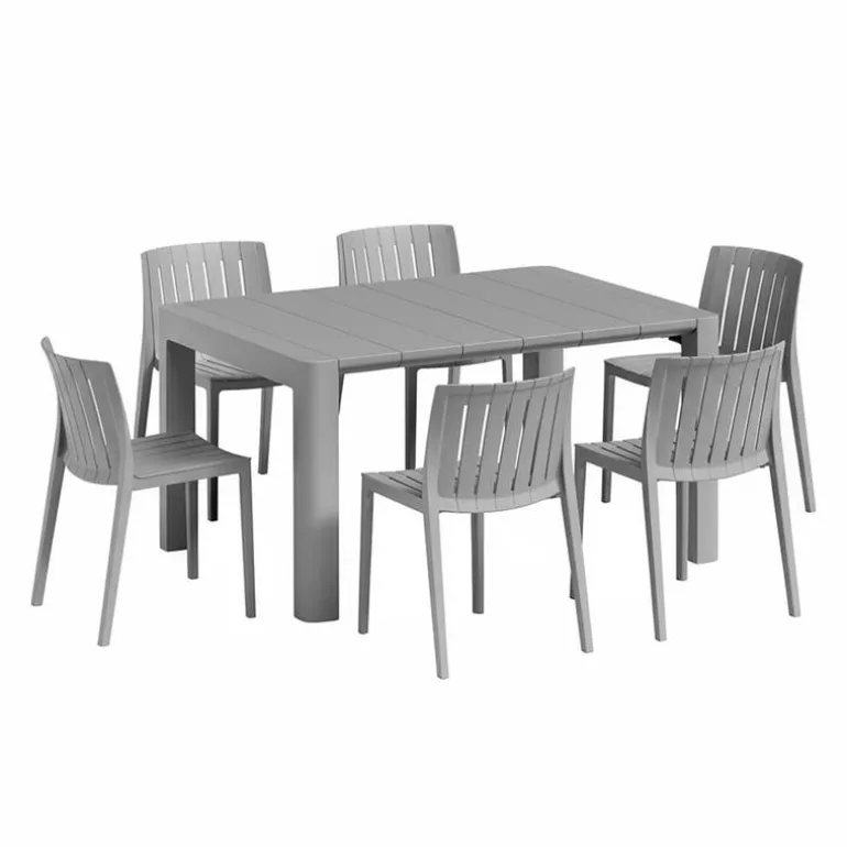 Outdoor Resin Dining Set with 1 Rectangular Table and 6 Stackable Chairs - Grey