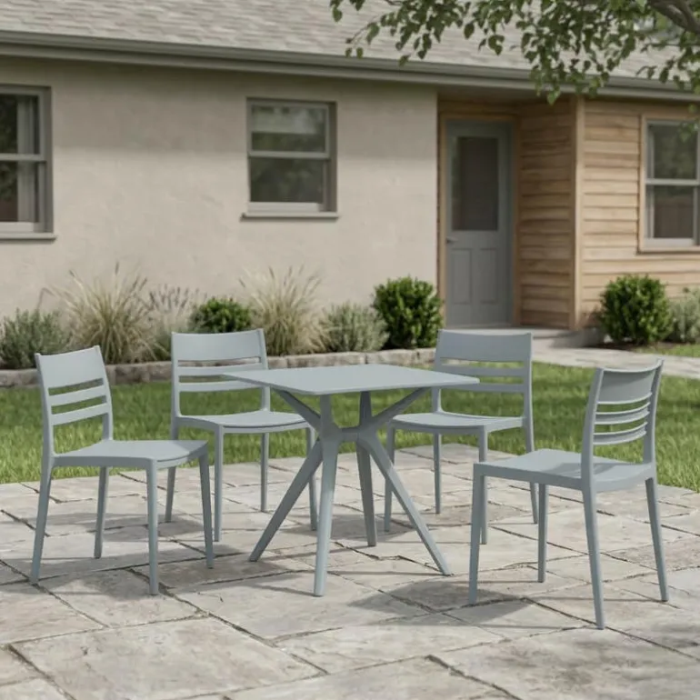 Outdoor Resin Dining Set with 1 Square Table and 4 Stackable Chairs - Grey