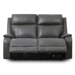 Power Leather Reclining Loveseat with Adjustable Headrests - Grey