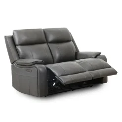 Power Leather Reclining Loveseat with Adjustable Headrests - Grey