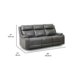 Power Leather Reclining Sofa with Adjustable Headrests - Grey
